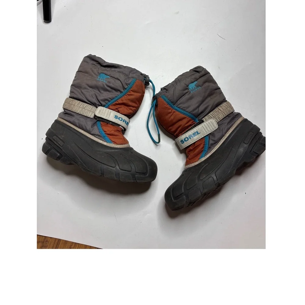 Sorel Kids Snow Boots Grey Orange Blue Winter Waterproof Size 2 USA 33 EUR